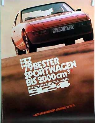 Porsche Original Werbeplakat 1979 - Porsche 924 Bester Sportwagen - Gut Erhalten