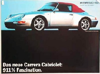 Porsche Original Werbeplakat 1993 - Carrera Cabriolet - Gut Erhalten